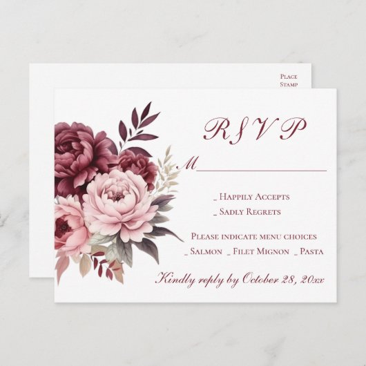 牡丹ブルゴーニュ水カラーフローラウェディングRSVP インビテーションポストカード (正面/裏面)