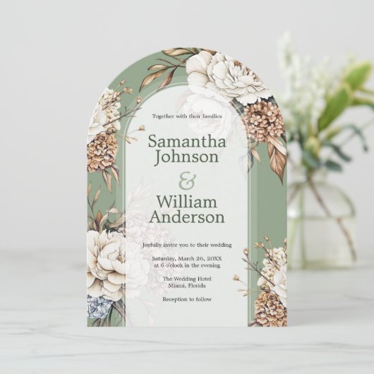 牡丹モダンと紫陽花オリーブグリーン結婚ズ 招待状 (スタンド正面)