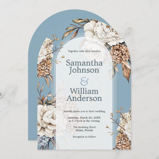 牡丹モダン紫陽花パウダーブルー結婚ズ 招待状 (正面/裏面)