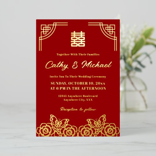 牡丹中国の花結婚蝶 箔招待状 (立ち正面)