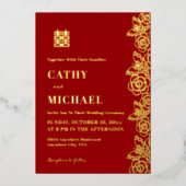 牡丹中国の花結婚蝶 箔招待状 (正面)