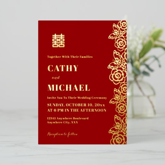 牡丹中国の花結婚蝶 箔招待状 (立ち正面)