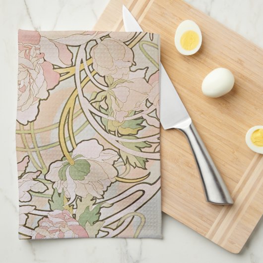 牡丹抽象芸術パターンアルフォンスミュシャ キッチンタオル (四つ折り)