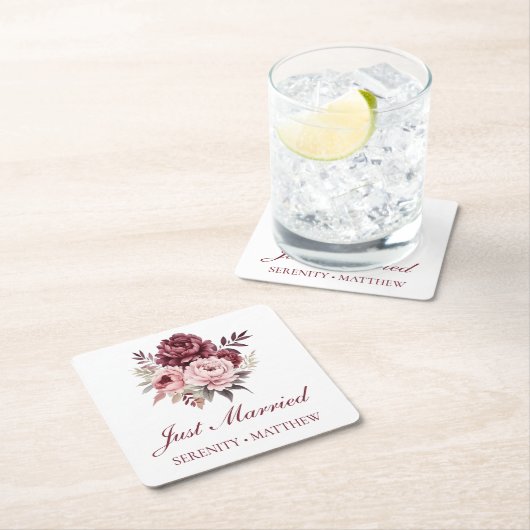 牡丹水彩フローラたった今結婚しました結婚ズ スクエアペーパーコースター (インサイチュ)