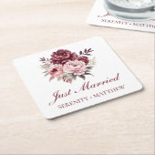 牡丹水彩フローラたった今結婚しました結婚ズ スクエアペーパーコースター (アングル)