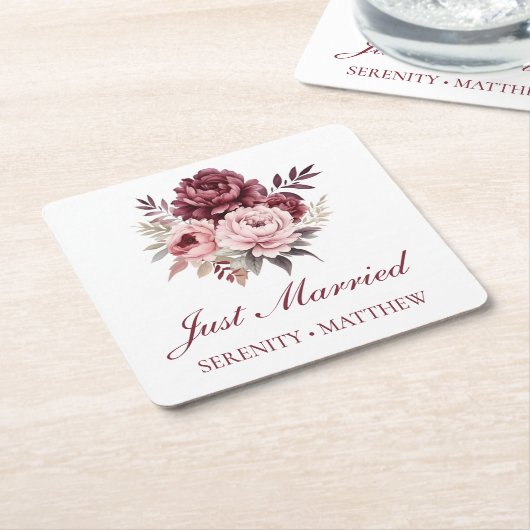 牡丹水彩フローラたった今結婚しました結婚ズ スクエアペーパーコースター (アングル)