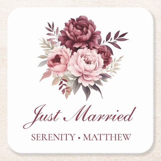 牡丹水彩フローラたった今結婚しました結婚ズ スクエアペーパーコースター (正面)