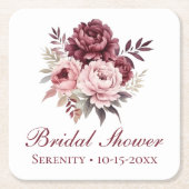 牡丹水彩水彩フローラブライダルシャワー スクエアペーパーコースター (正面)