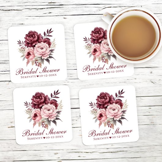牡丹水彩水彩フローラブライダルシャワー スクエアペーパーコースター