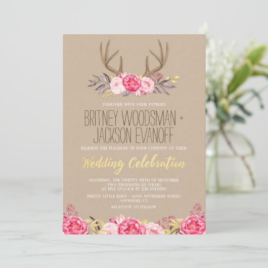 牡丹素朴と鹿のアントラー結婚式招待状 招待状 (スタンド正面)