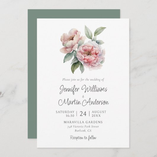 牡丹素朴ピンクフローラ結婚ズ 招待状 (正面/裏面)