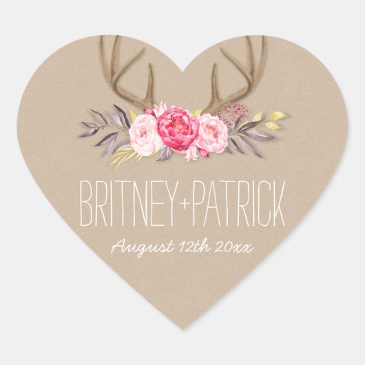 牡丹素朴&ディアアントラー結婚式の引き出物シール ハートシール (正面)