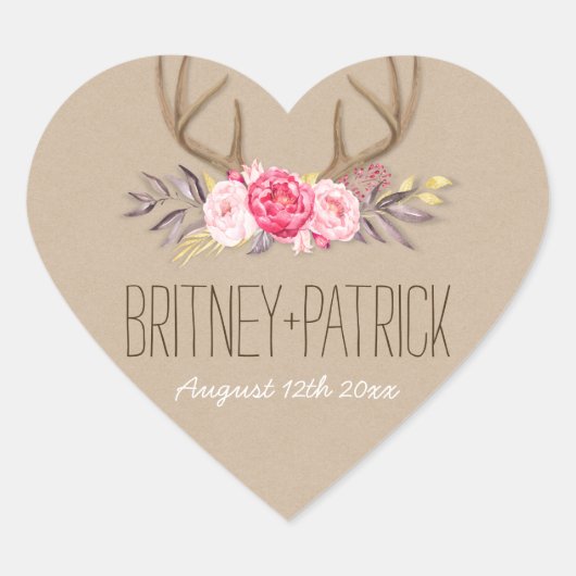 牡丹素朴&ディアアントラー結婚式の引き出物シール ハートシール (正面)