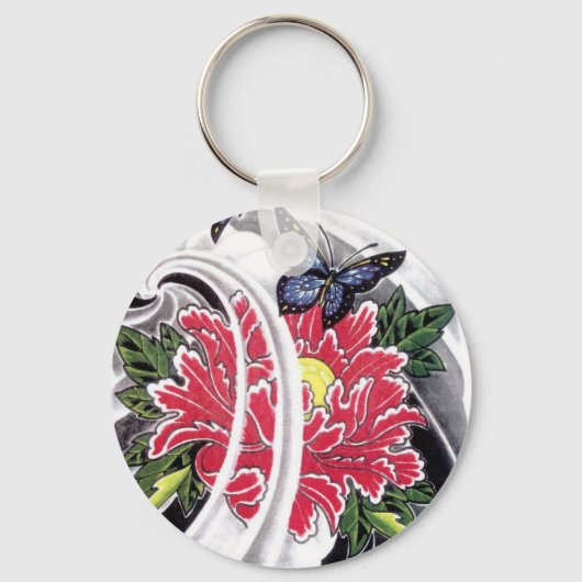 牡丹花と蝶タトゥーデザイン キーホルダー (正面)