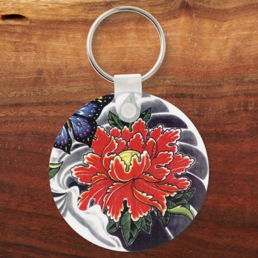 牡丹花の入日本の墨デザイン キーホルダー (正面)