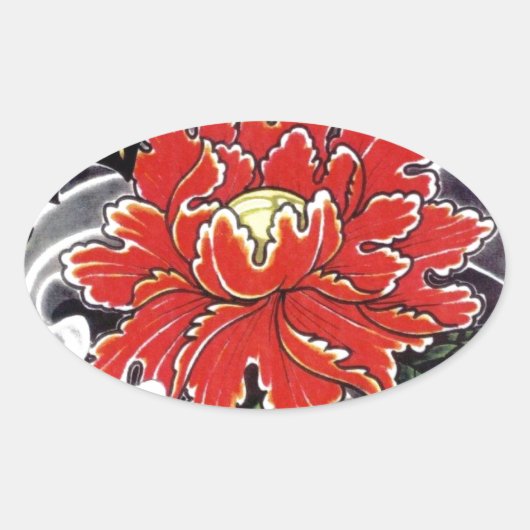 牡丹花の入日本の墨デザイン 楕円形シール (正面)