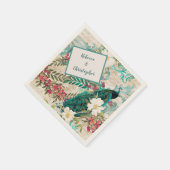 牡丹花ティール(緑がかった色)、アイボリー、金ゴールド スタンダードカクテルナプキン (角)