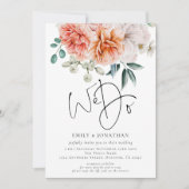 牡丹花模様ピーチコーラル我々はQRコード結婚sする 招待状 (正面)