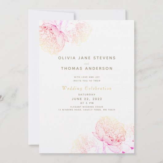 牡丹赤面エレガントクラシックモダン結婚金ゴールド 招待状 (正面)