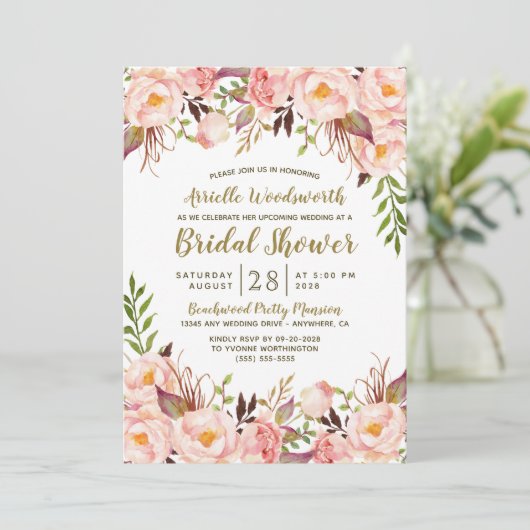 牡丹赤面ピンク金ゴールドブライダルシャワー招待状 招待状 (スタンド正面)