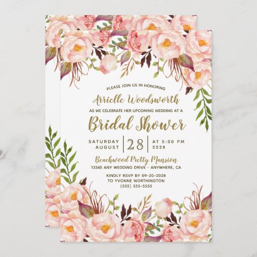 牡丹赤面ピンク金ゴールドブライダルシャワー招待状 招待状 (正面/裏面)