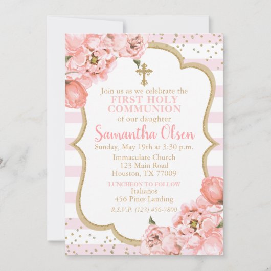 牡丹赤面ピンク&金ゴールドファーストホーリーコミュニオン 招待状 (正面)