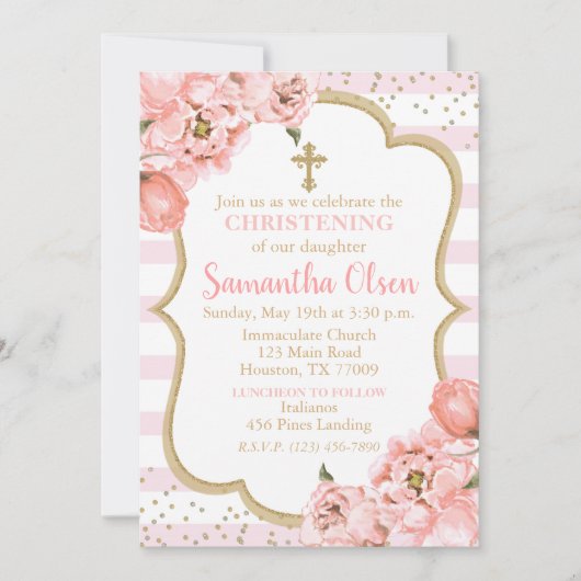 牡丹赤面ピンク&金ゴールド《キリスト教》洗礼式や命名式 招待状 (正面)