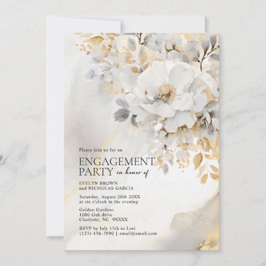 牡丹金ゴールドグレーブラック婚約パーティ 招待状 (正面)