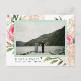 牡丹金ゴールド花写真結婚式の日付を保存 案内ポストカード