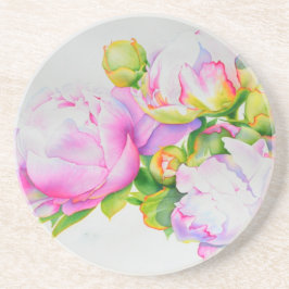 牡丹,ピンク,白,フローラの絵画水色 コースター