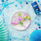 牡丹，ピンク，白，水色のフローラ絵画 ペーパープレート (パーティー)