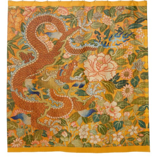 牡丹、花、緑の葉フローラの間のドラゴン シャワーカーテン (正面)