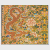 牡丹、花、緑の葉フローラの間のドラゴン ラッピングペーパー (フラット)