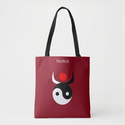 牡牛座とおしゃれな黒と白の陰陽 - ワインレッド トートバッグ (正面)