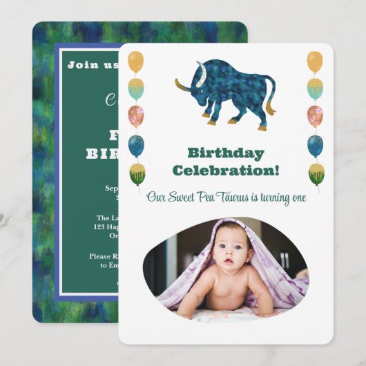 牡牛座の1歳の誕生日フォトインレッション主義ゴールド Invi 招待状 (正面/裏面)