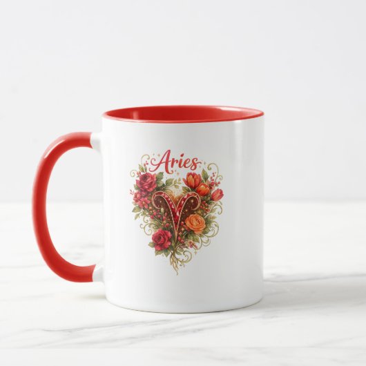 牡羊座の花柄ハートマグカップ - 女性らしい占星術 マグカップ (左)
