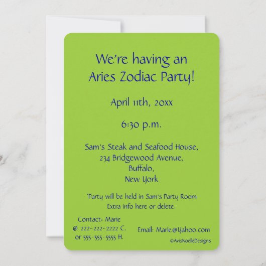 牡羊座の(占星術の)十二宮図のパーティの招待状か占星術 招待状 (裏面)