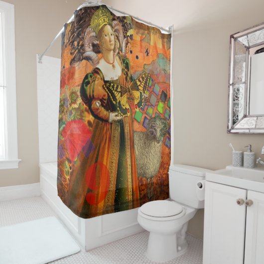 牡羊座オレンジ色の女性:ゴシック様式のラムアンティークアートコラージュ シャワーカーテン (インサイチュ)