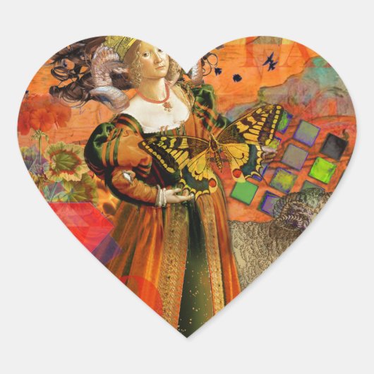 牡羊座オレンジ色の女性：ゴシック様式のラムアンティークアートコラージュ ハートシール (正面)