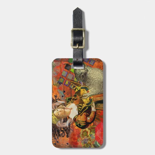 牡羊座オレンジ色の女性：ゴシック様式のラムアンティークアートコラージュ ラゲッジタグ (正面縦)