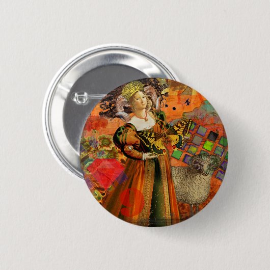 牡羊座オレンジ色の女性：ゴシック様式のラムアンティークアートコラージュ 缶バッジ (正面&裏面)