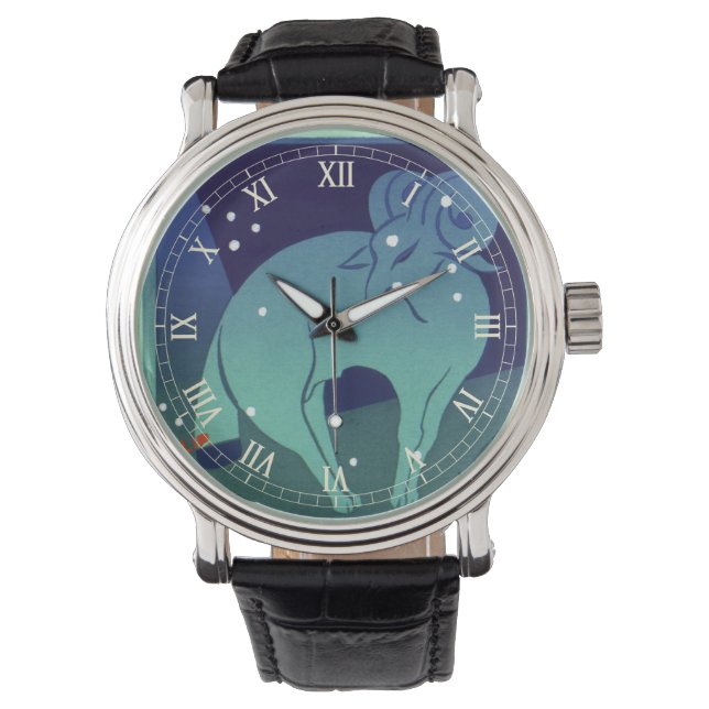 牡羊座ラム星座、ヴィンテージ〔占星術の〕十二宮図占星術 腕時計 (正面)