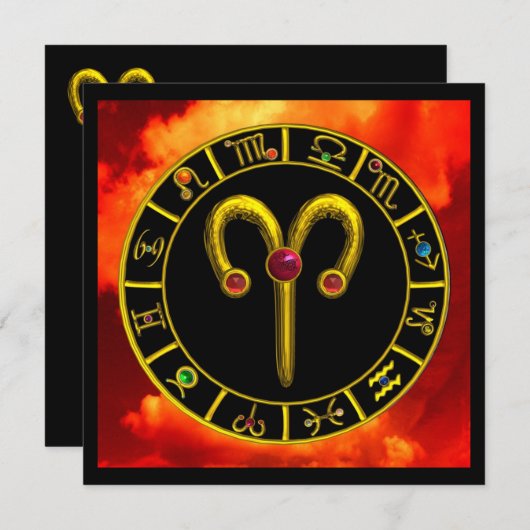 牡羊座ルビー円、明るい黄色の赤いオレンジ色の黒 案内状 (正面/裏面)