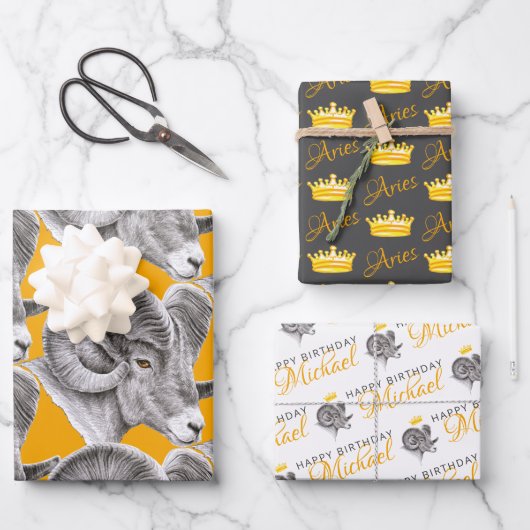 牡羊座誕生日〔占星術の〕十二宮図ビグーンラムアニマルアートクラウン ラッピングペーパーシート (正面)