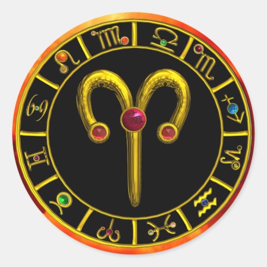 牡羊座金ゴールド〔占星術の〕十二宮図誕生日宝石星図 ラウンドシール (正面)