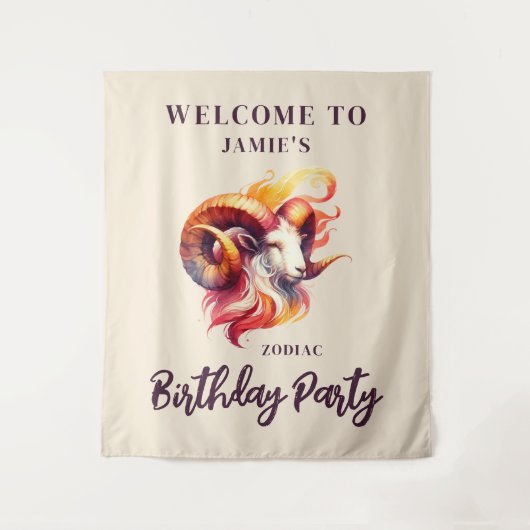 牡羊座〔占星術の〕十二宮図をテーマにした誕生日パーティーウェルカムサイン タペストリー (正面)