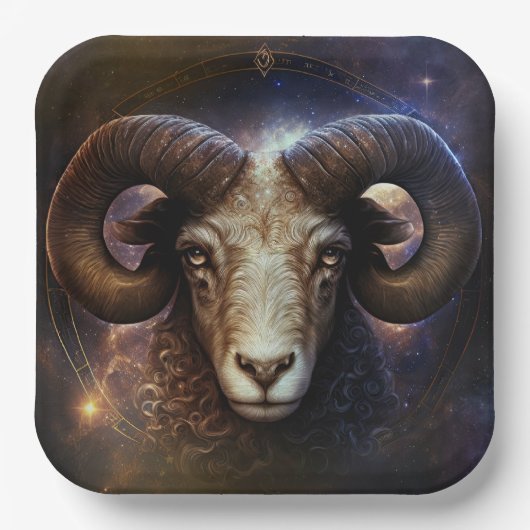 牡羊座〔占星術の〕十二宮図サインウォーター色デザイン ペーパープレート (正面)