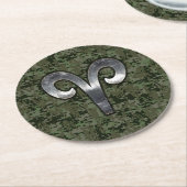 牡羊座〔占星術の〕十二宮図サインオンウッドランドグリーンデジタル迷彩柄 ラウンドペーパーコースター (アングル)