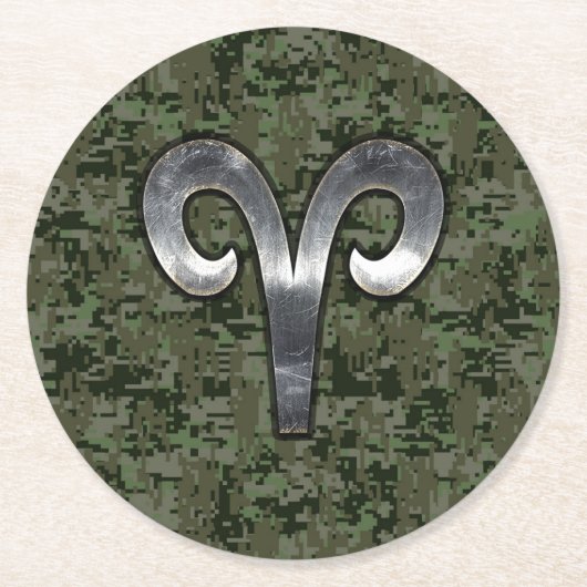 牡羊座〔占星術の〕十二宮図サインオンウッドランドグリーンデジタル迷彩柄 ラウンドペーパーコースター (正面)