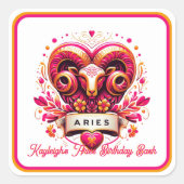 牡羊座〔占星術の〕十二宮図サインピンクとオレンジラム誕生日 スクエアシール (正面)